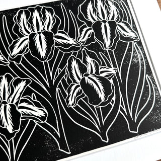 Matted Hand Block Printed Irises Art Print - No. 5237