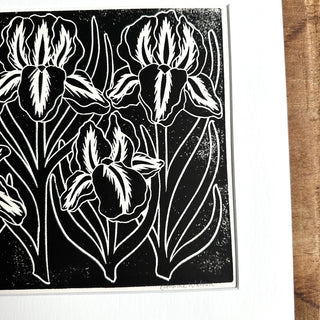 Matted Hand Block Printed Irises Art Print - No. 5237