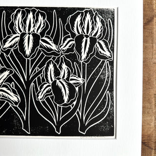 Matted Hand Block Printed Irises Art Print - No. 5237