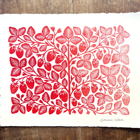 SECONDS : Hand Block Printed Strawberies Art Print - No. 5764