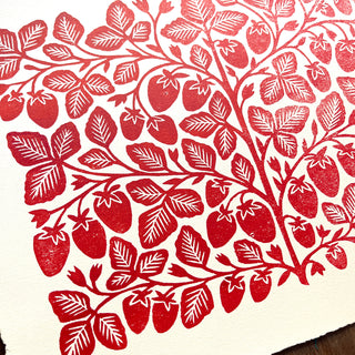 SECONDS : Hand Block Printed Strawberies Art Print - No. 5764