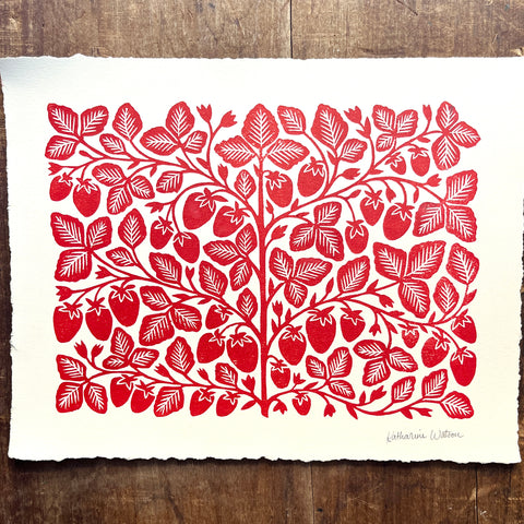 Hand Block Printed Strawberries Art Print - No. 5765