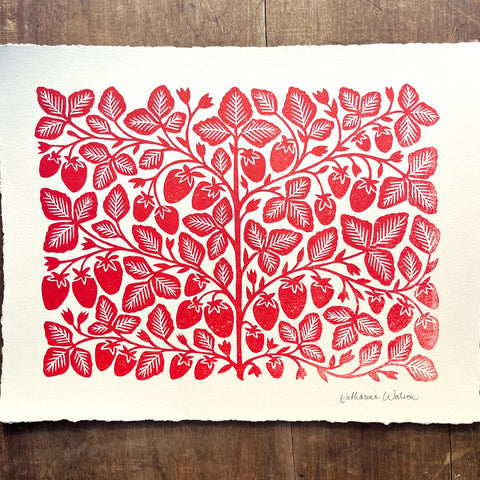 Hand Block Printed Strawberries Art Print - No. 5766