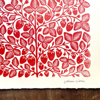 Hand Block Printed Strawberries Art Print - No. 5766