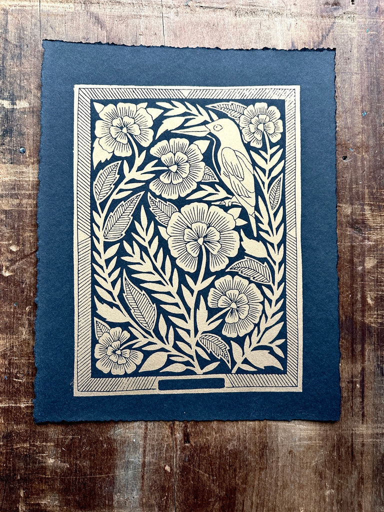 Hand Block Printed Bird Art Print - No. 5044