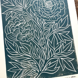 Hand Block Printed Peony Art Print - No. 5775