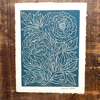 Hand Block Printed Peony Art Print - No. 5776