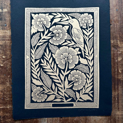 Hand Block Printed Bird Art Print - No. 5053