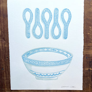Hand Block Printed Bowl and Spoons with Watercolors - No. 5778