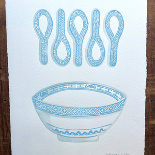 Hand Block Printed Bowl and Spoons with Watercolors - No. 5778