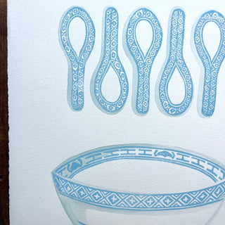 Hand Block Printed Bowl and Spoons with Watercolors - No. 5778