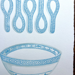 Hand Block Printed Bowl and Spoons with Watercolors - No. 5778