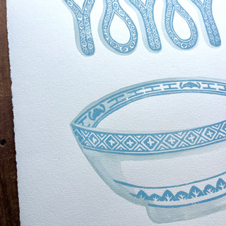 Hand Block Printed Bowl and Spoons with Watercolors - No. 5778