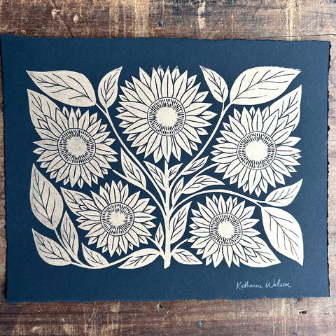 Hand Block Printed Sunflower Art Print - No. 5055