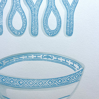 Hand Block Printed Bowl and Spoons with Watercolors - No. 5778