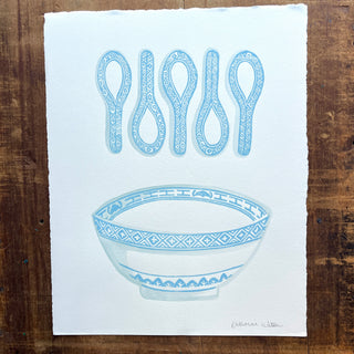 Hand Block Printed Bowl and Spoons with Watercolors - No. 5778