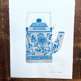Hand Block Printed Teapot with Watercolors - No. 5779