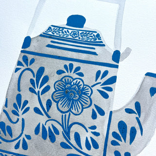Hand Block Printed Teapot with Watercolors - No. 5779