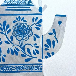 Hand Block Printed Teapot with Watercolors - No. 5779