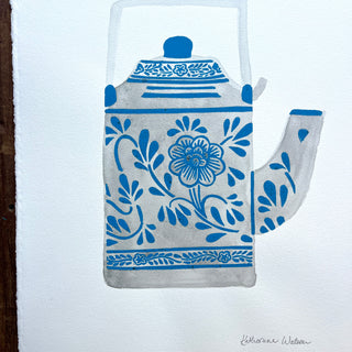 Hand Block Printed Teapot with Watercolors - No. 5779
