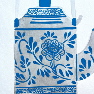 Hand Block Printed Teapot with Watercolors - No. 5779