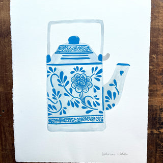 Hand Block Printed Teapot with Watercolors - No. 5780