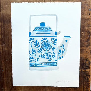 Hand Block Printed Teapot with Watercolors - No. 5780