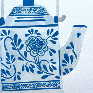 Hand Block Printed Teapot with Watercolors - No. 5780
