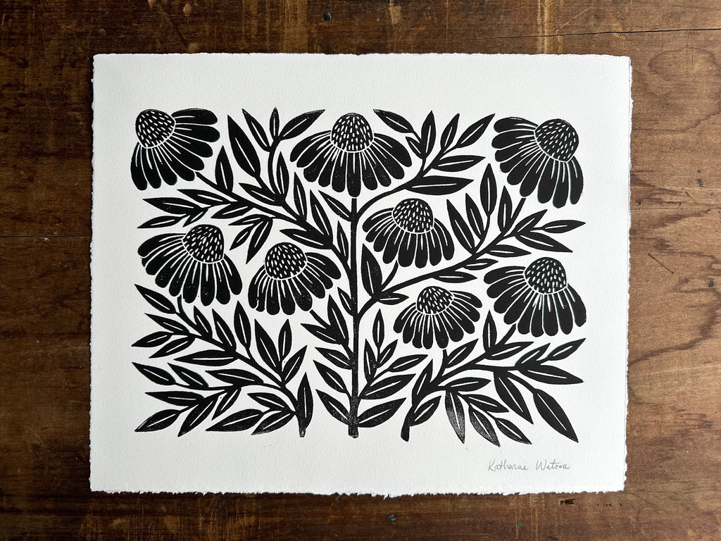 Hand Block Printed Echinacea Art Print - No. 5058