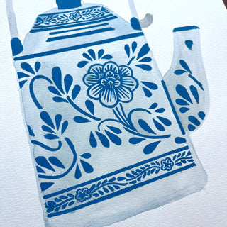 Hand Block Printed Teapot with Watercolors - No. 5780
