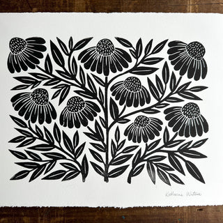 Hand Block Printed Echinacea Art Print - No. 5058