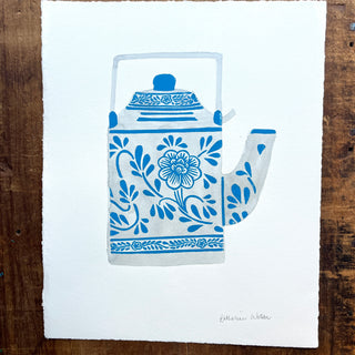 Hand Block Printed Teapot with Watercolors - No. 5781
