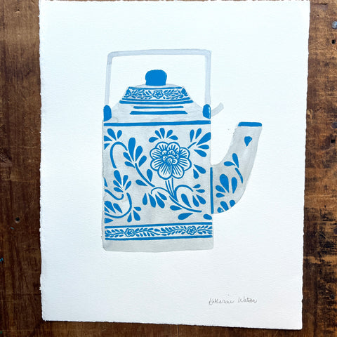 Hand Block Printed Teapot with Watercolors - No. 5781