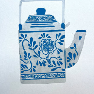 Hand Block Printed Teapot with Watercolors - No. 5781