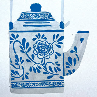 Hand Block Printed Teapot with Watercolors - No. 5781
