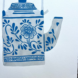 Hand Block Printed Teapot with Watercolors - No. 5781