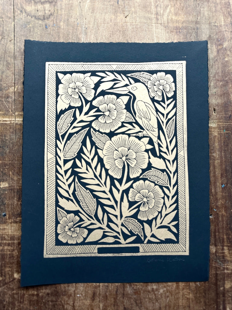 Hand Block Printed Bird Art Print - No. 5063