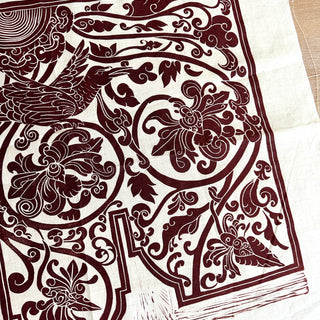 Original Ornate Bird Linocut on Fabric - 12