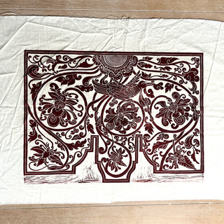 Original Ornate Bird Linocut on Fabric - 13