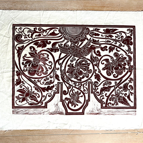 Original Ornate Bird Linocut on Fabric - 14