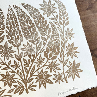 Hand Block Printed Lupines Art Print - No. 5579