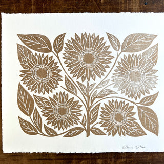 Hand Block Printed Sunflowers Art Print - No. 5584