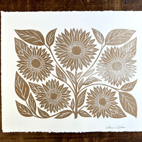 Hand Block Printed Sunflowers Art Print - No. 5584