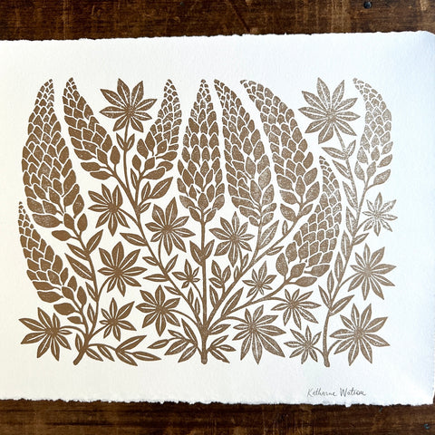 Hand Block Printed Lupines Art Print - No. 5592