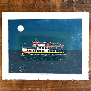 Hand Block Printed "Winter Ferry" Reduction Print