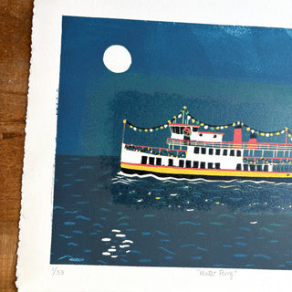 Hand Block Printed "Winter Ferry" Reduction Print