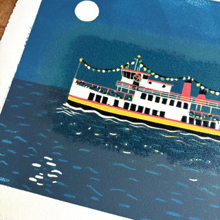 Hand Block Printed "Winter Ferry" Reduction Print