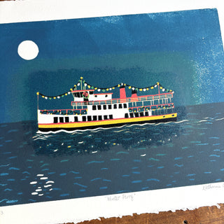 Hand Block Printed "Winter Ferry" Reduction Print