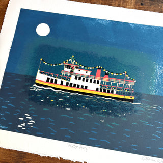 Hand Block Printed "Winter Ferry" Reduction Print