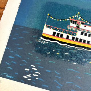 Hand Block Printed "Winter Ferry" Reduction Print